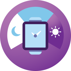 Un icono redondo de color púrpura con un diagrama de un reloj y una luna y el sol en su interior para significar el sueño de la noche al día